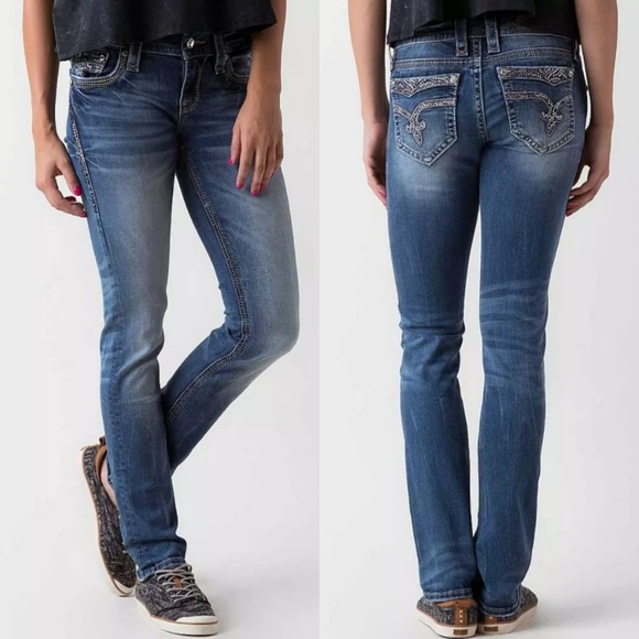 Rock Revival Denim - Rock Revival Buckle "Vivian" Low Rise Straight Leg Blue Jeans | Women's Size 28